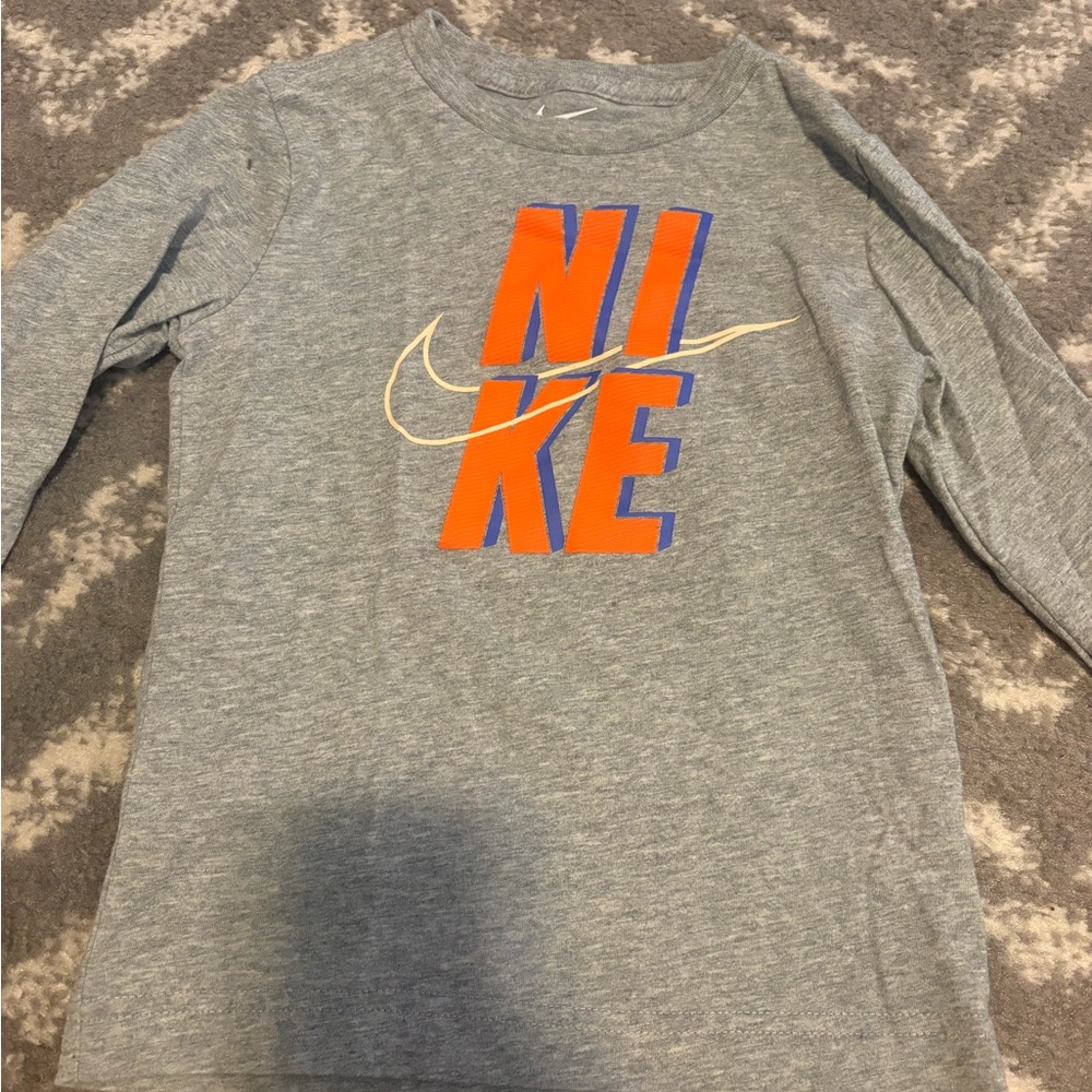 Nike Kids Gray Long Sleeve Tee with Orange and Blue Logo